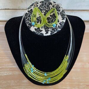 Multi-Strand Green Beaded Cascading Design Necklace & Earrings